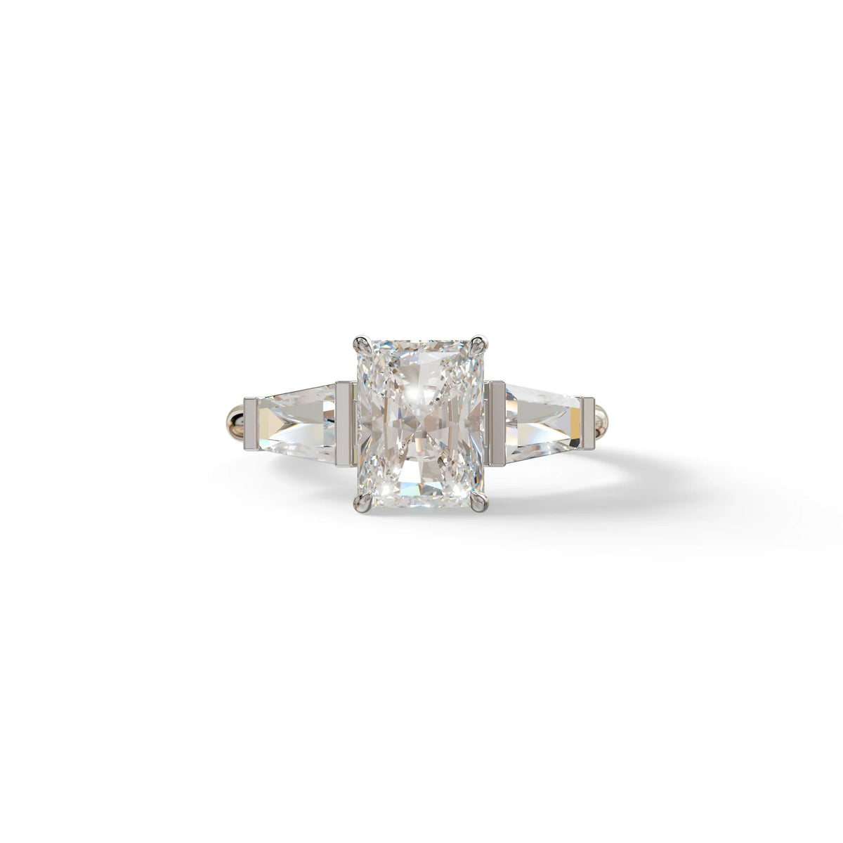3Ct Radiant & Tapered Cut Lab Grown Diamond Three Stone Engagement Ring - Yana - 10K Solid Gold / White Gold