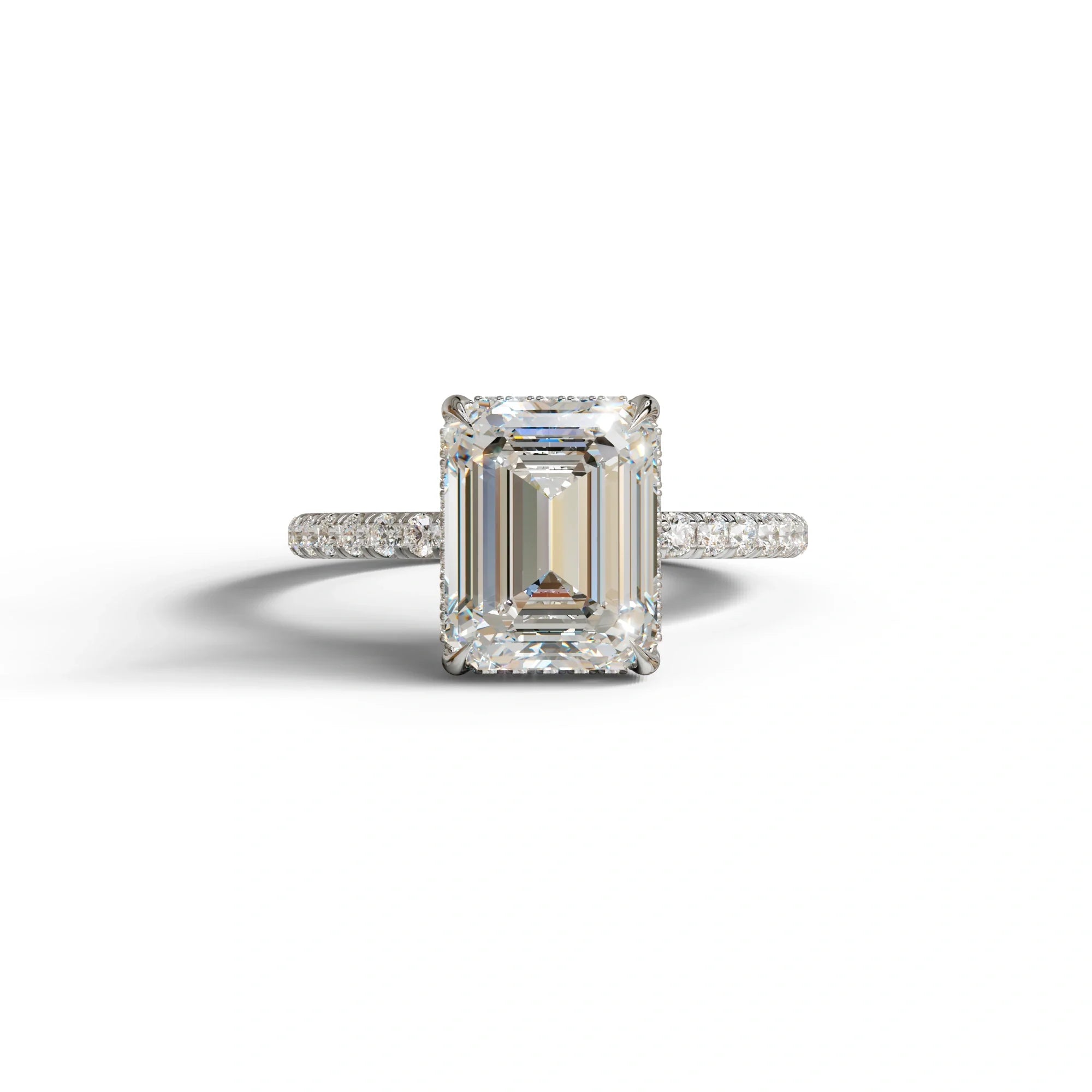 3 Carat E-VVS Emerald Cut Lab Diamond In Hidden Halo & Pave Setting Ring - 10K Solid Gold / White Gold