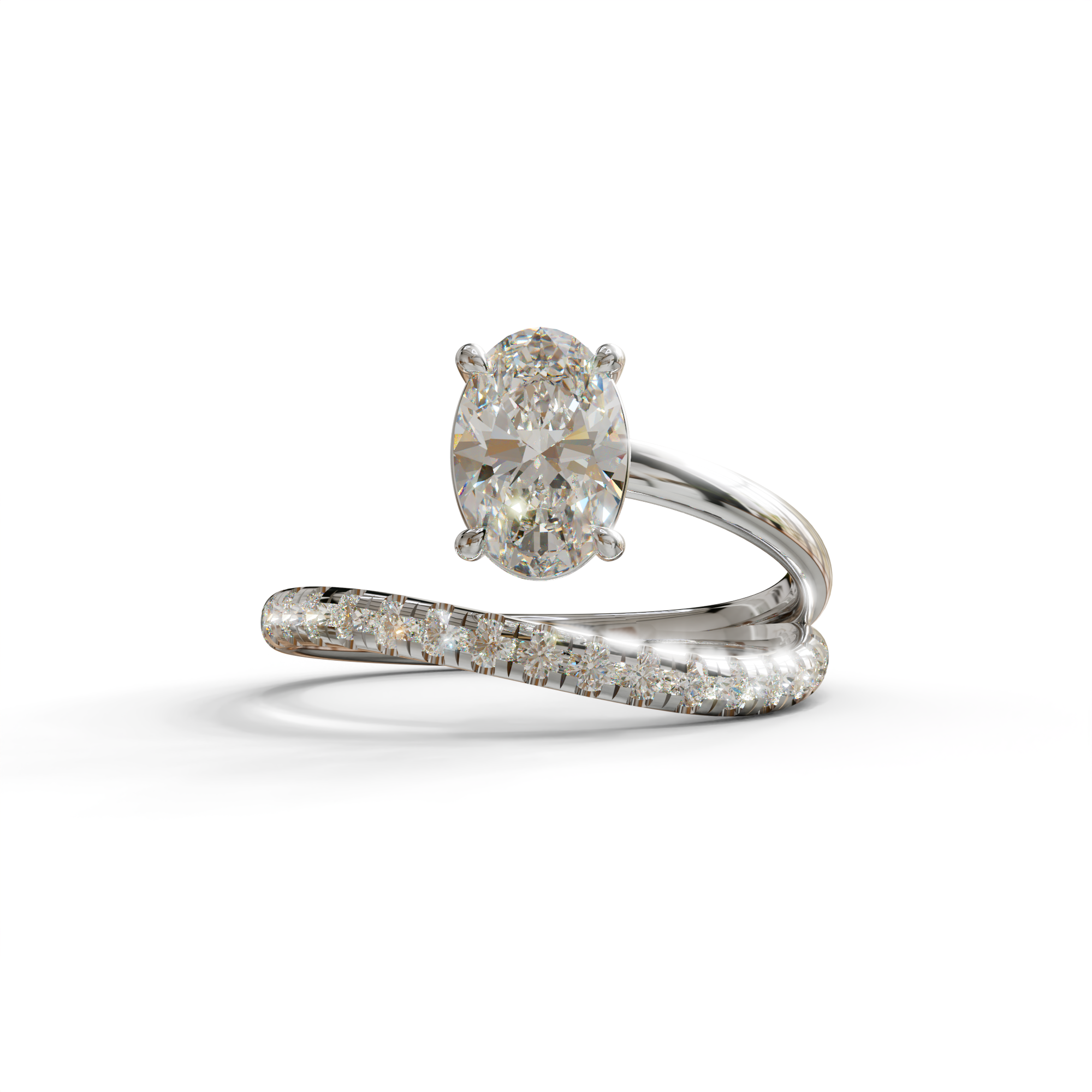 1.5 Carat S-Curve Oval Diamond Pave-set Diamond Ring - Bypass - 10K Solid Gold / White Gold