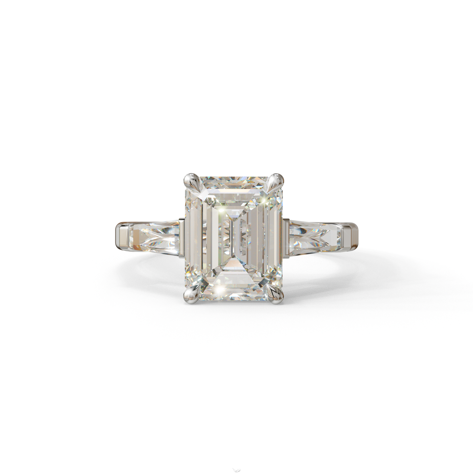 3.75ct E/VVS Emerald & Tapered Baguette Three Stone Lab Diamond Ring - 10K Solid Gold / White Gold