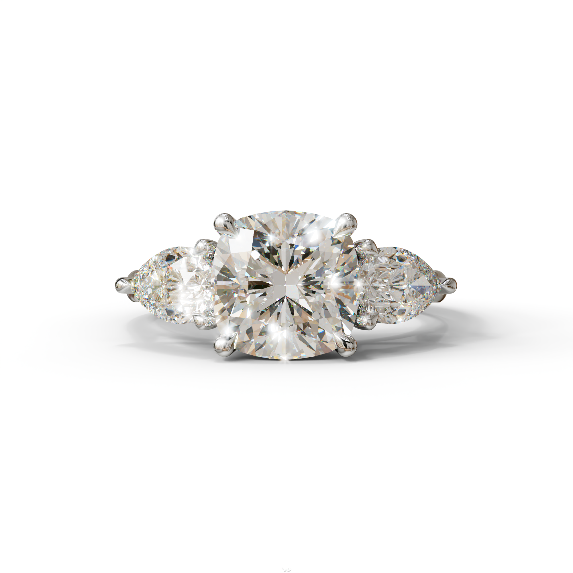 3 Ct E/VVS Cushion Cut Lab Diamond In 3 Stones Claw Prongs Setting Ring - 10K Solid Gold / White Gold
