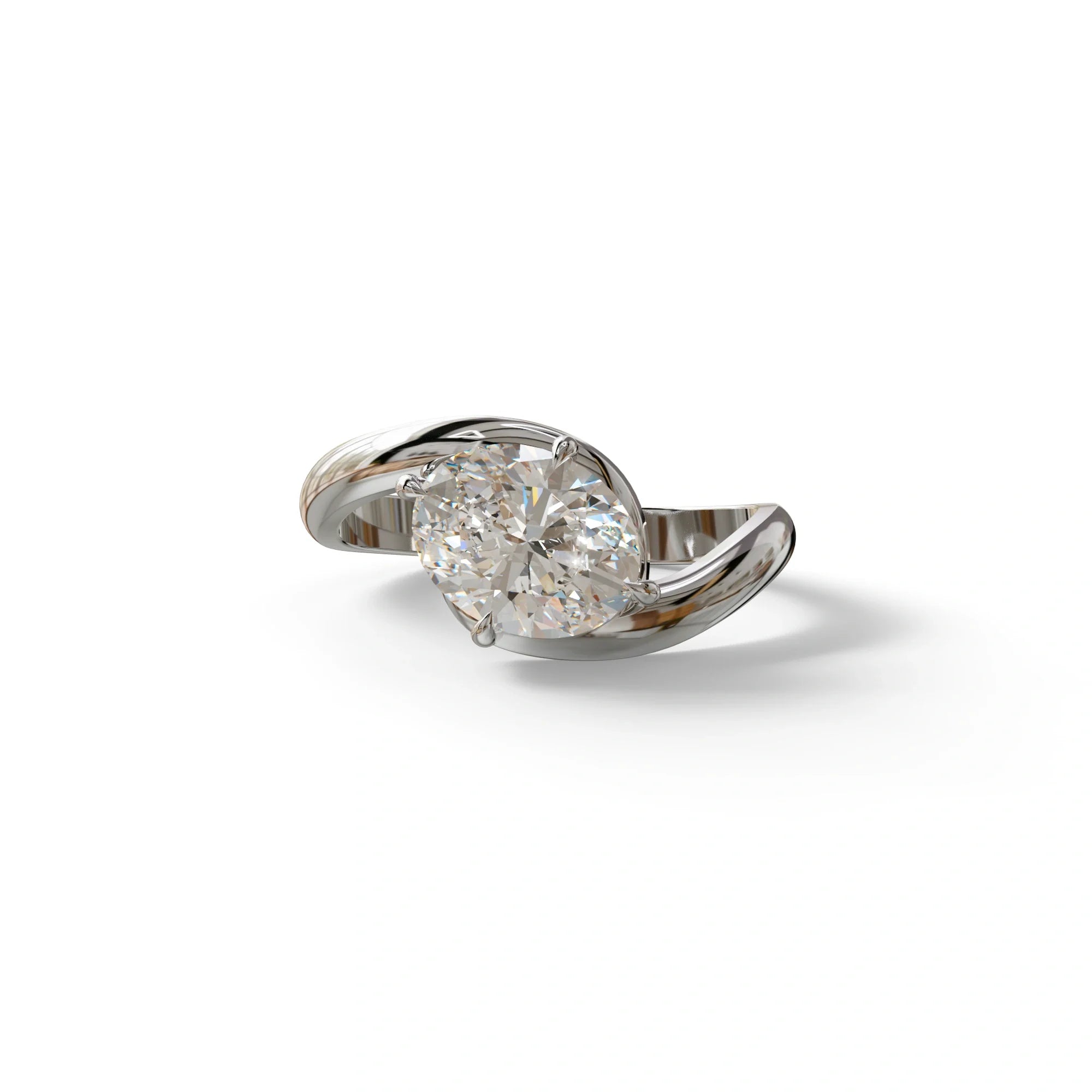 2 Carat E VVS Oval Cut Lab Grown Diamond Ring | Curve Setting - Estella - 10K Solid Gold / White Gold
