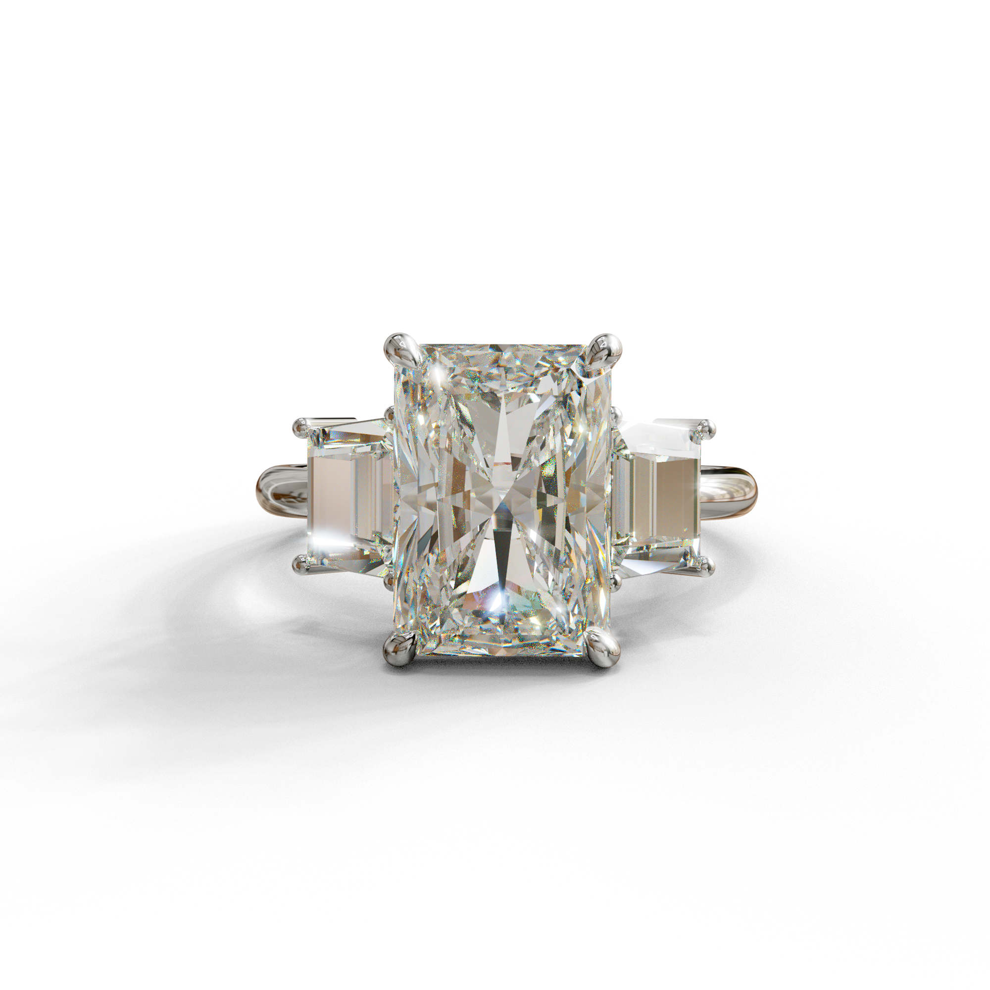 4 Carat Radiant & Trapezoid Three Stone Engagement Ring - Embrace - 10K Solid Gold / White Gold