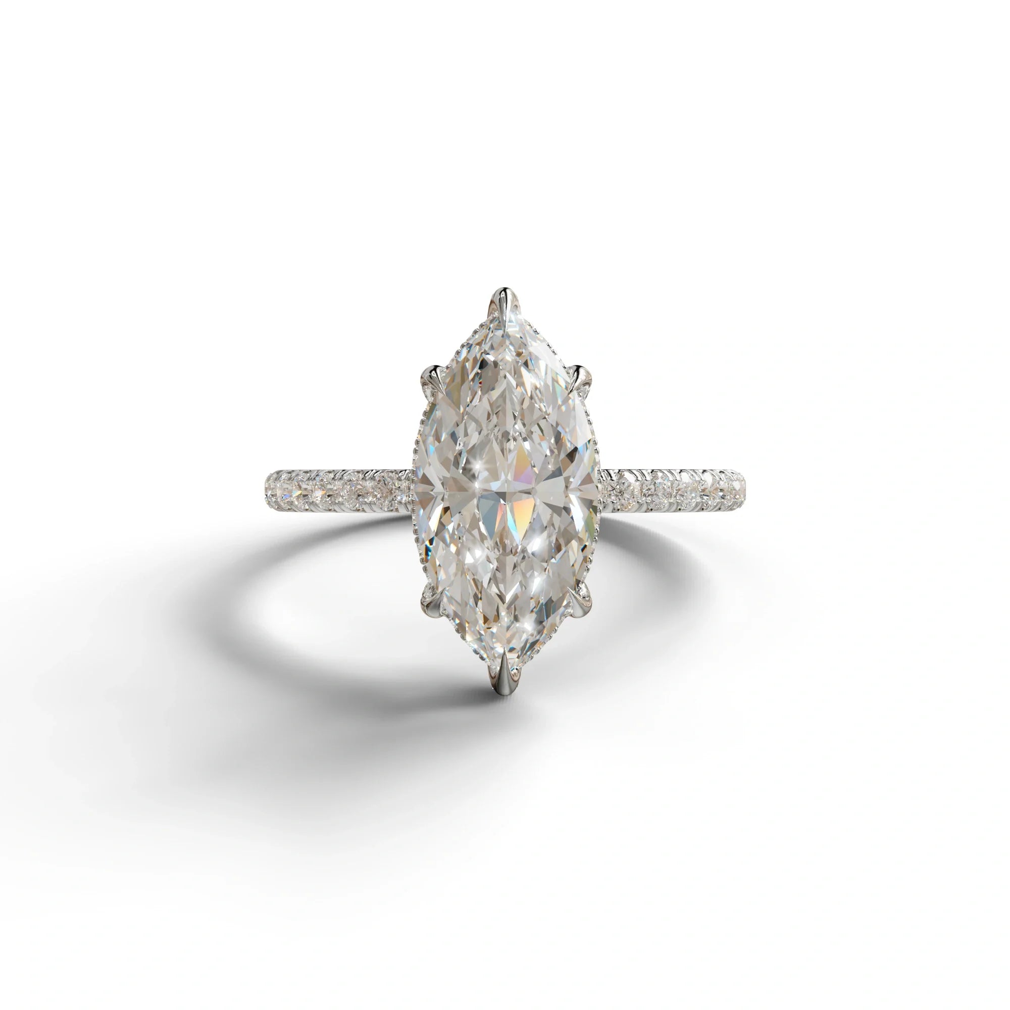 3 Carat E-VVS Marquise Cut Lab Diamond In Hidden Halo & Pave Setting Ring - 10K Solid Gold / White Gold