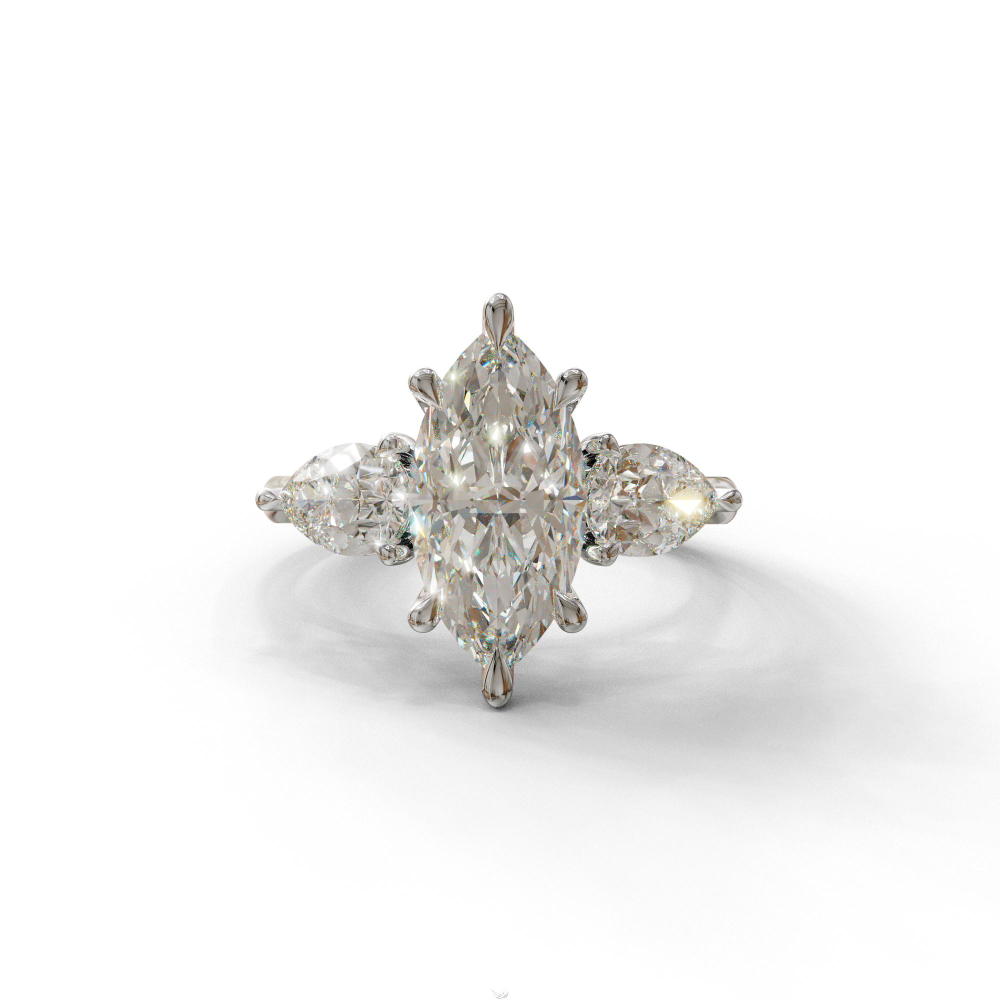 3 Carat E/VVS Marquise & Pear Cut Three Stone Lab Grown Diamond Engagement Ring - 10K Solid Gold / White Gold