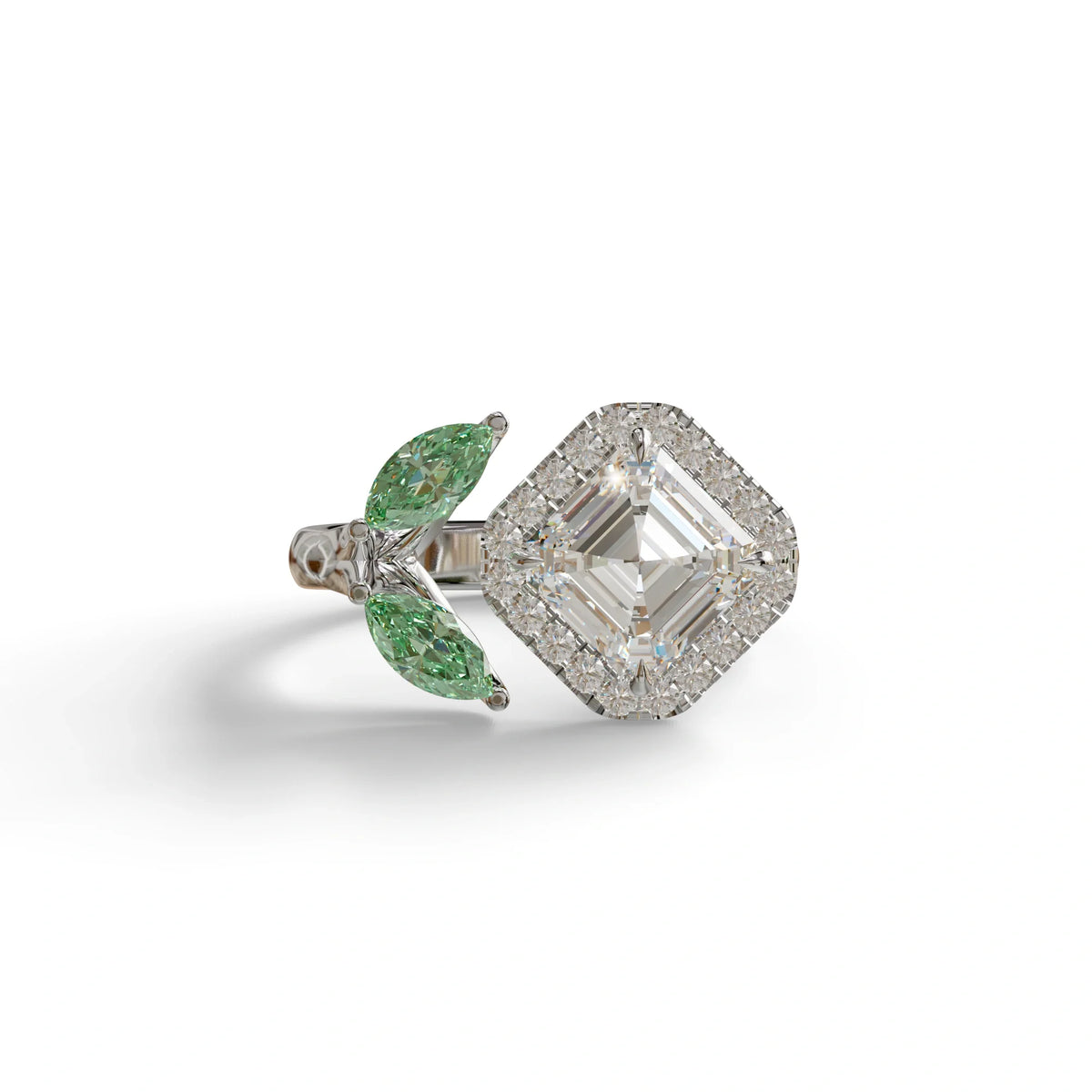 2 Carat Asscher Cut Diamond Cocktail Engagement Ring with Green Marquise - Nature Inspired - 10K Solid Gold / White Gold