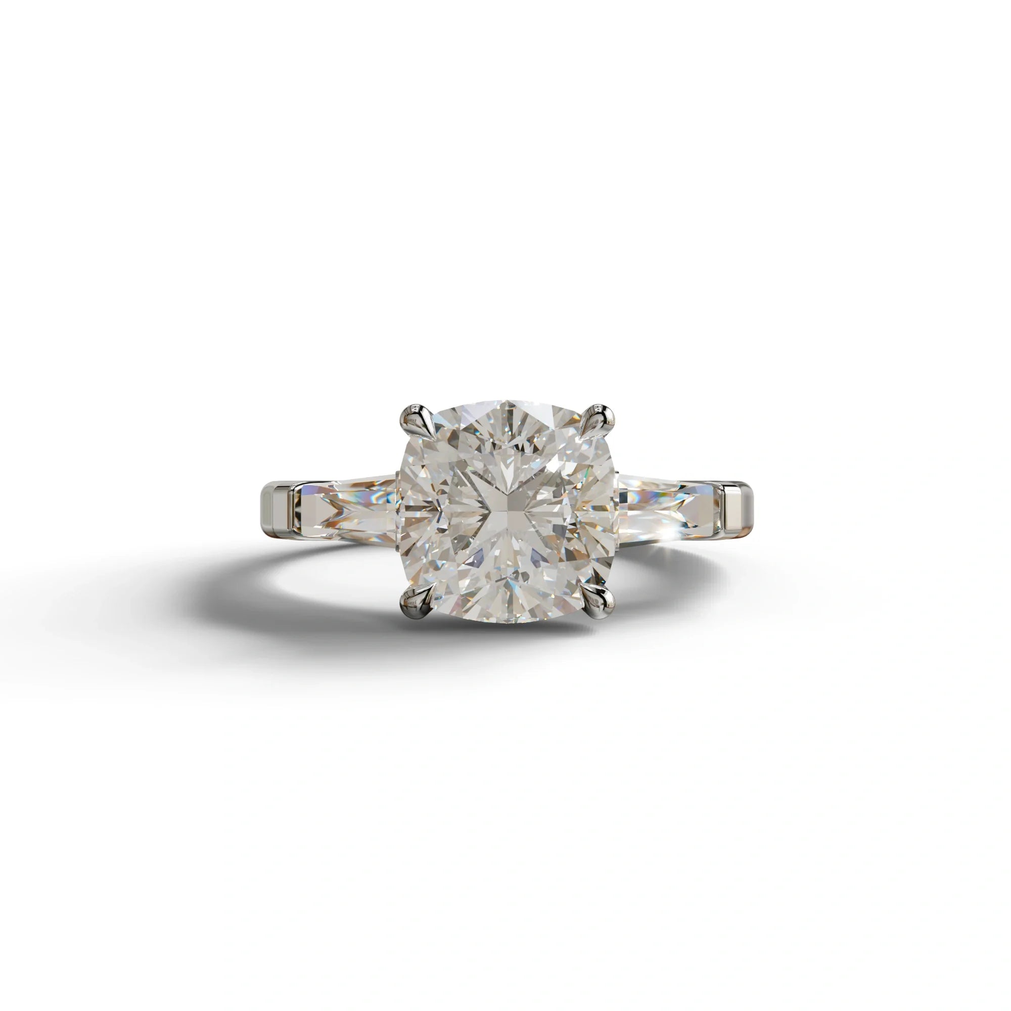 3 Carat E-VVS Cushion & Tapered Baguette Three Stone Engagement Ring - 10K Solid Gold / White Gold