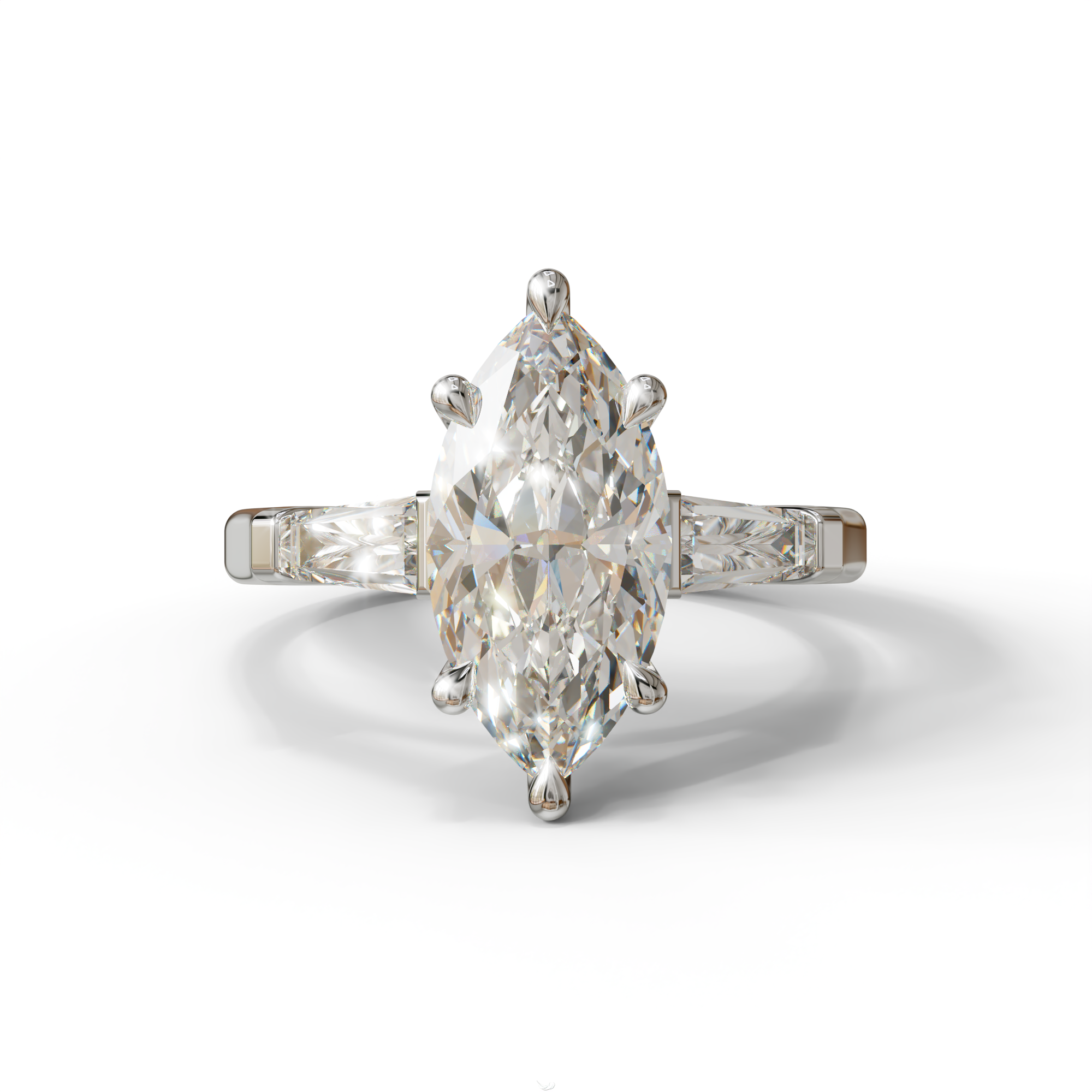 E-VVS Marquise & Tapered Baguette Multi Stone Engagement Ring - 10K Solid Gold / White Gold