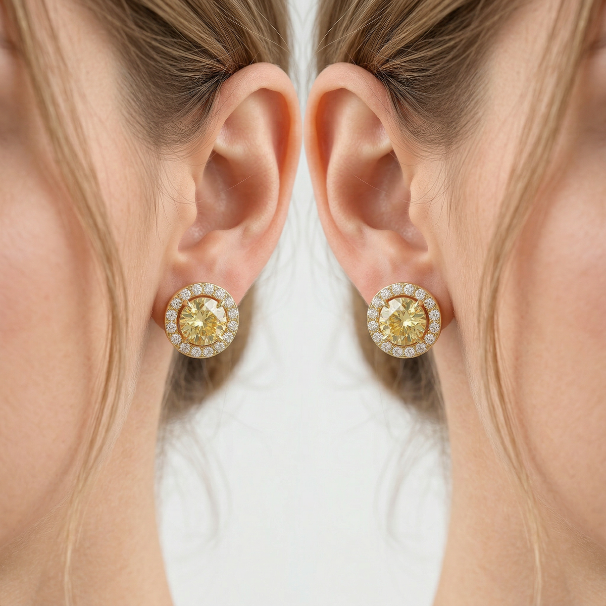 Ciera - Stunning Yellow Color Round Diamond Stud Earrings | Halo Setting | Certified