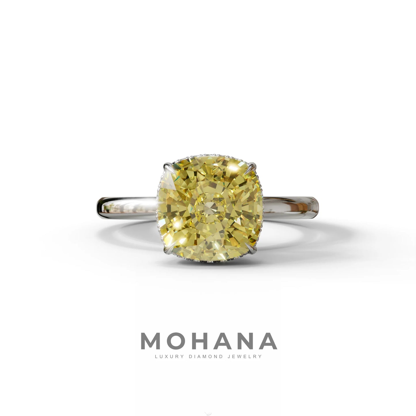 3 Carat Yellow Cushion Lab Diamond Hidden Halo Ring - 10K Solid Gold / White Gold