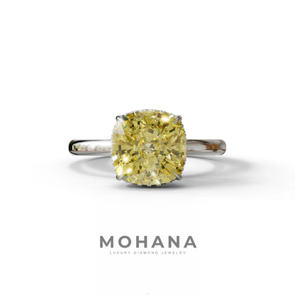 3 Carat Yellow Cushion Lab Diamond Hidden Halo Ring - 10K Solid Gold / White Gold