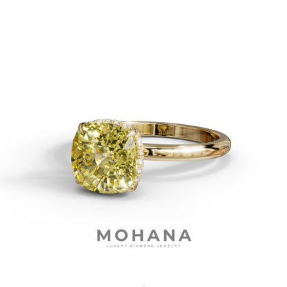 3 Carat Yellow Cushion Lab Diamond Hidden Halo Ring
