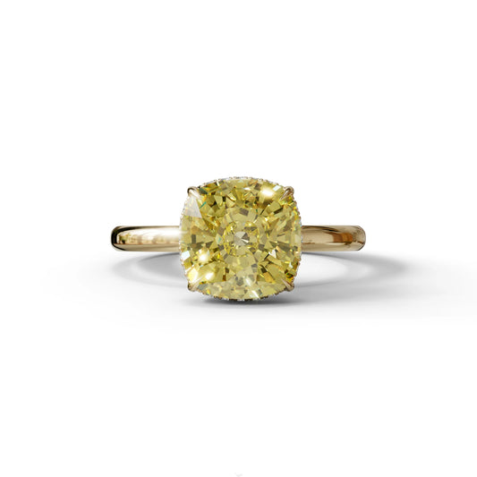 3 Carat Yellow Cushion Lab Diamond Hidden Halo Ring - 10K Solid Gold / Yellow Gold