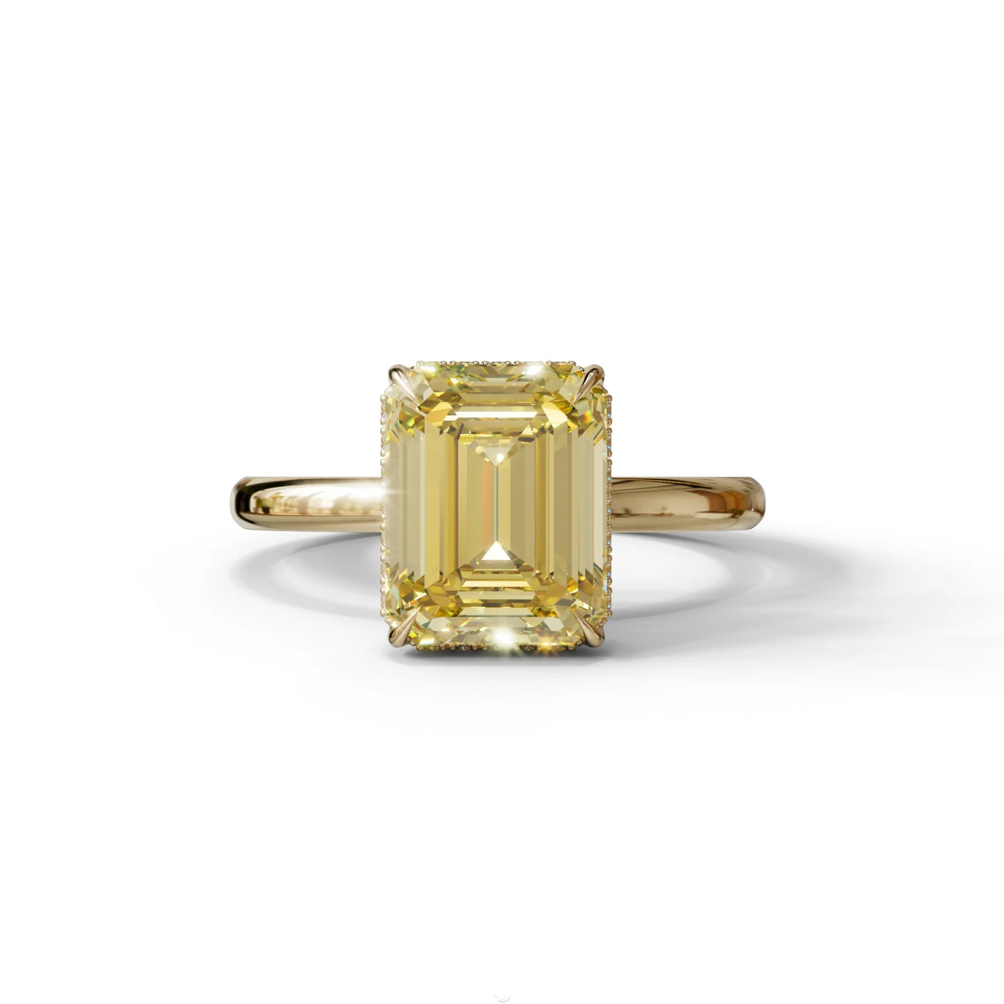 3 Carat Yellow Emerald Cut Hidden Halo & Claw Setting Lab Grown Diamond Ring - 10K Solid Gold / Yellow Gold