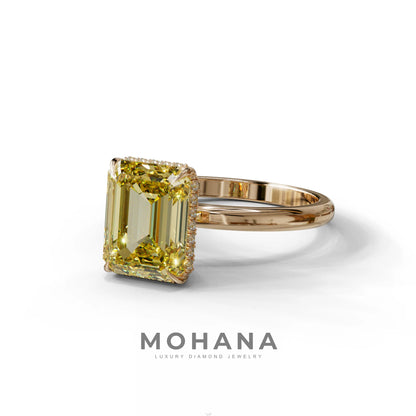 3 Carat Yellow Emerald Cut Hidden Halo & Claw Setting Lab Grown Diamond Ring