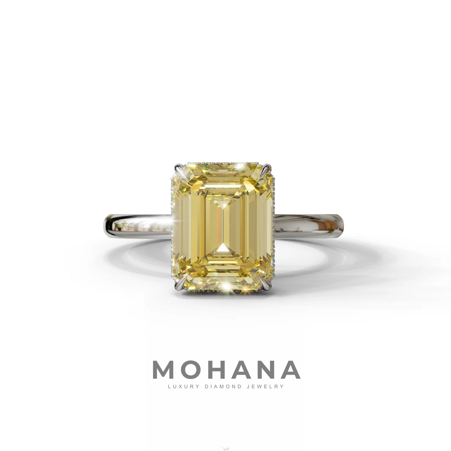 3 Carat Yellow Emerald Cut Hidden Halo & Claw Setting Lab Grown Diamond Ring - 10K Solid Gold / White Gold