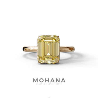 3 Carat Yellow Emerald Cut Hidden Halo & Claw Setting Lab Grown Diamond Ring - 10K Solid Gold / Rose Gold