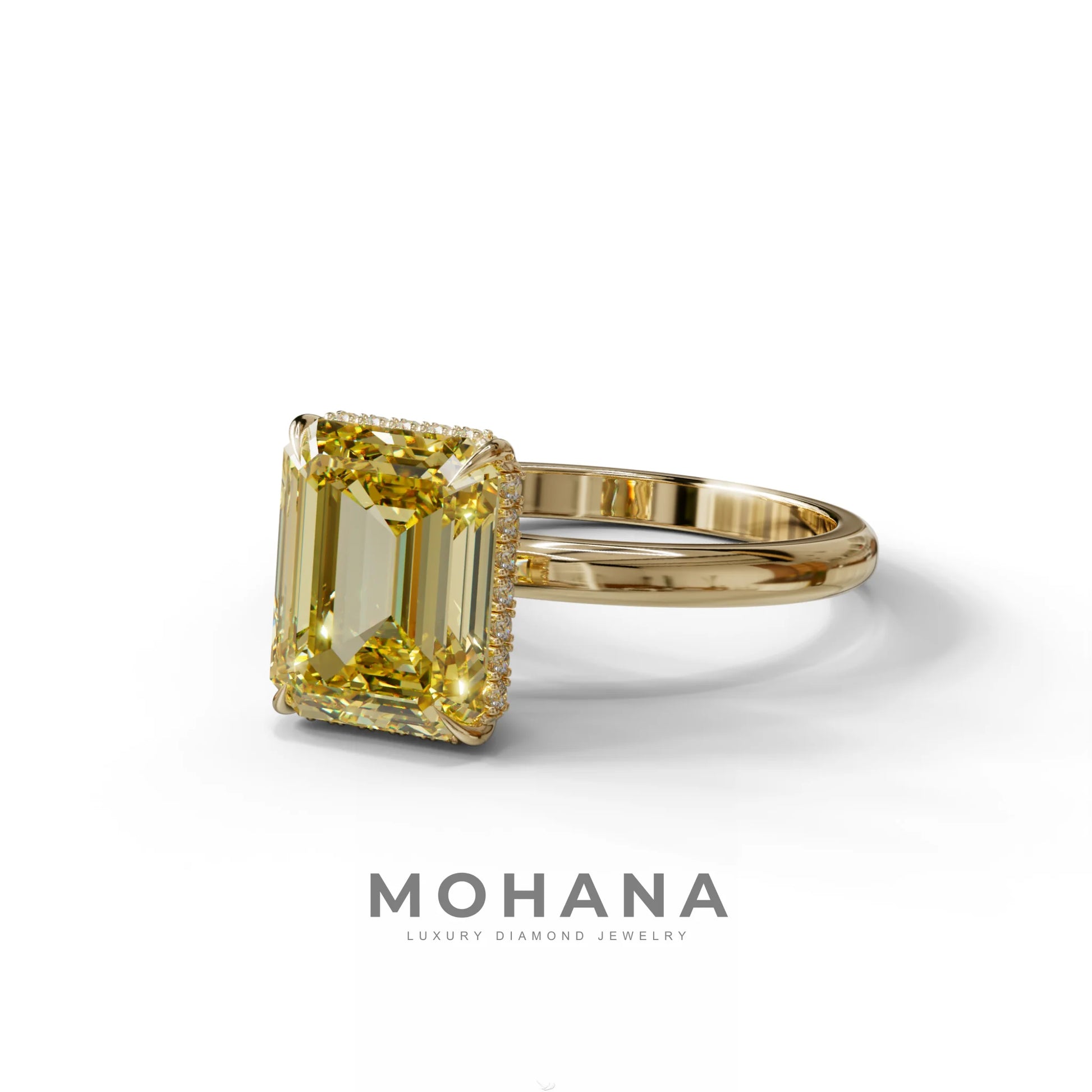 3 Carat Yellow Emerald Cut Hidden Halo & Claw Setting Lab Grown Diamond Ring