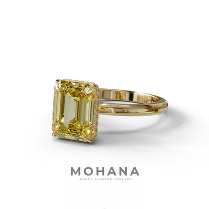 3 Carat Yellow Emerald Cut Hidden Halo & Claw Setting Lab Grown Diamond Ring