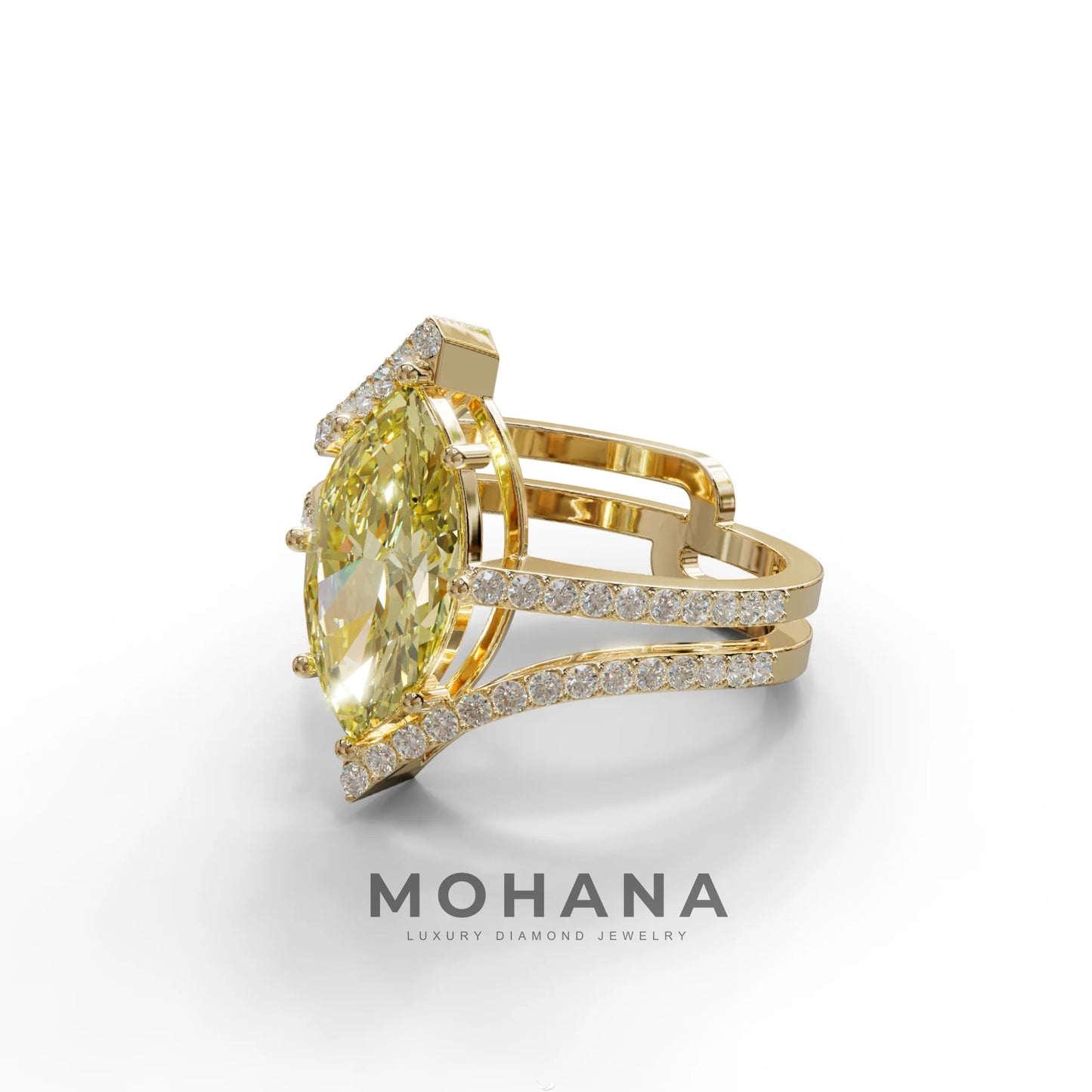 3 Carat Marquise Cut Yellow Lab Diamond Ring with Double Pave Setting