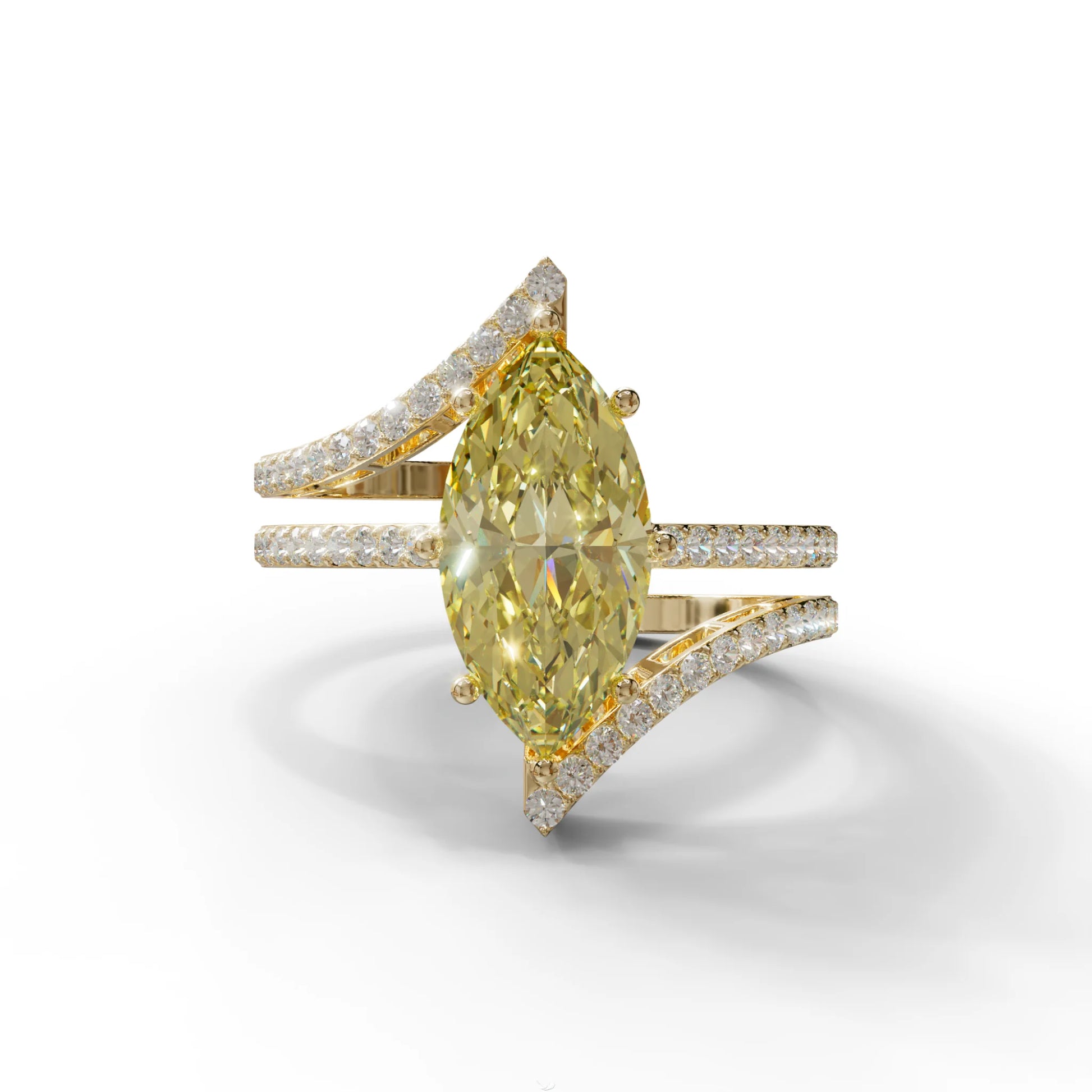 3 Carat Marquise Cut Yellow Lab Diamond Ring with Double Pave Setting - 10K Solid Gold / Yellow Gold