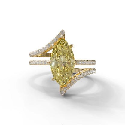 3 Carat Marquise Cut Yellow Lab Diamond Ring with Double Pave Setting - 10K Solid Gold / Yellow Gold