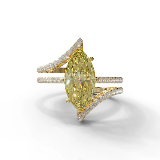 3 Carat Marquise Cut Yellow Lab Diamond Ring with Double Pave Setting - 10K Solid Gold / Yellow Gold