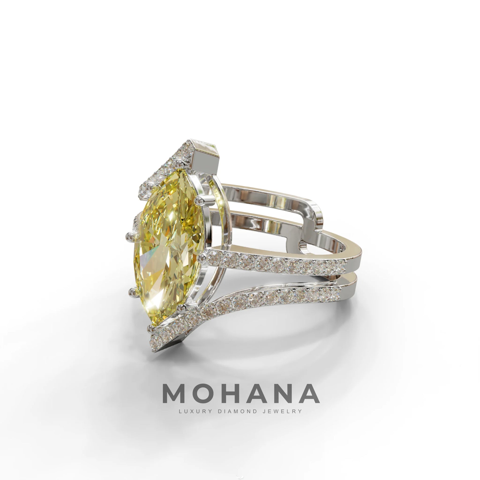 3 Carat Marquise Cut Yellow Lab Diamond Ring with Double Pave Setting
