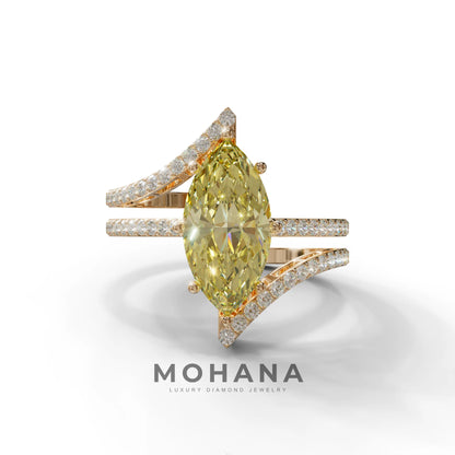 3 Carat Marquise Cut Yellow Lab Diamond Ring with Double Pave Setting - 10K Solid Gold / Rose Gold