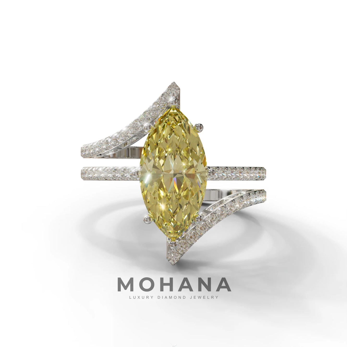 3 Carat Marquise Cut Yellow Lab Diamond Ring with Double Pave Setting - 10K Solid Gold / White Gold