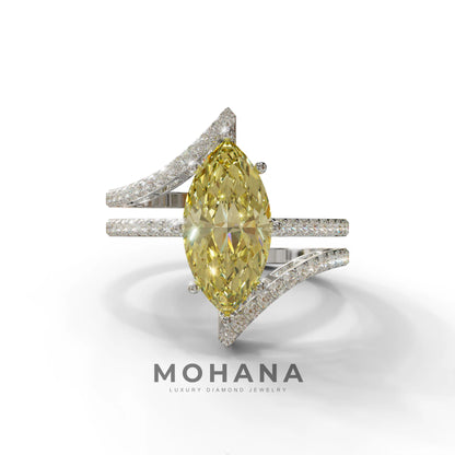 3 Carat Marquise Cut Yellow Lab Diamond Ring with Double Pave Setting - 10K Solid Gold / White Gold