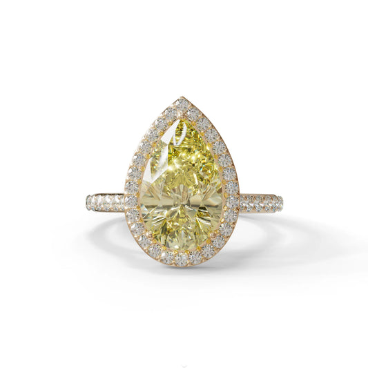 3 Carat Yellow Pear Cut Halo & Pave Setting Lab Grown Diamond Ring - Madona - 10K Solid Gold / Rose Gold