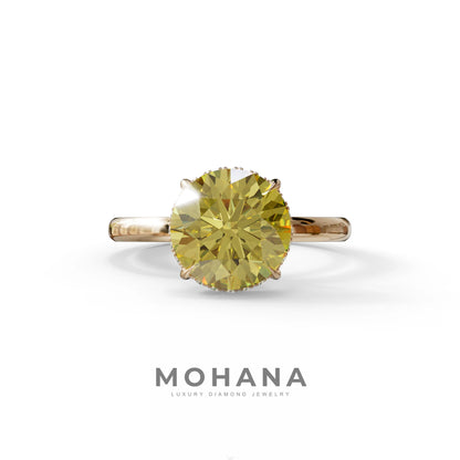 3 Carat Round Yellow Hidden Halo Lab Diamond Ring - Luxe Cercle - 10K Solid Gold / Rose Gold