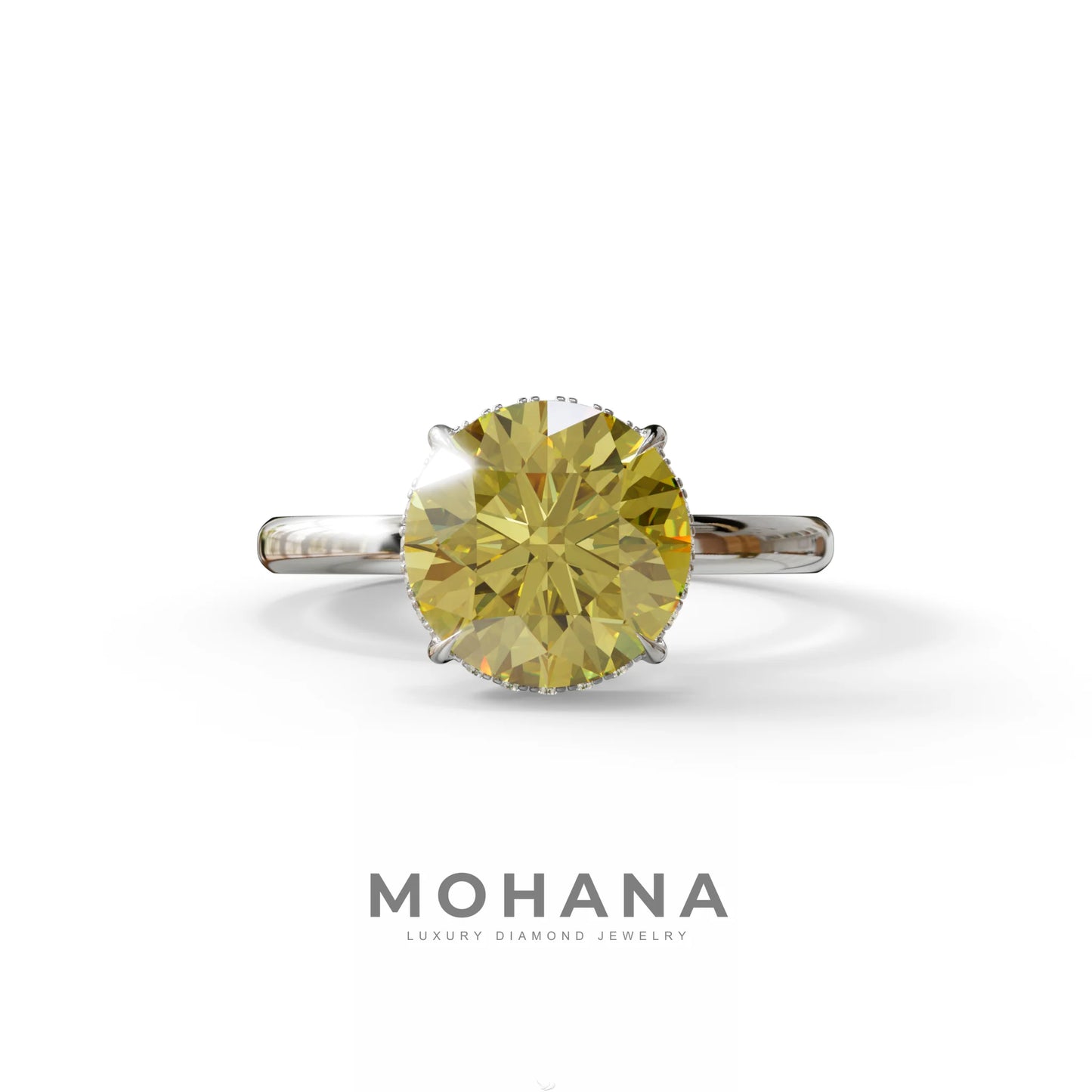 3 Carat Round Yellow Hidden Halo Lab Diamond Ring - Luxe Cercle - 10K Solid Gold / White Gold