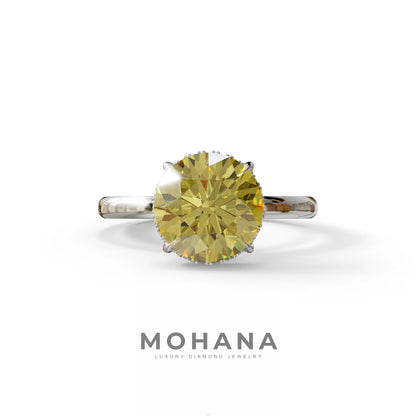 3 Carat Round Yellow Hidden Halo Lab Diamond Ring - Luxe Cercle - 10K Solid Gold / White Gold