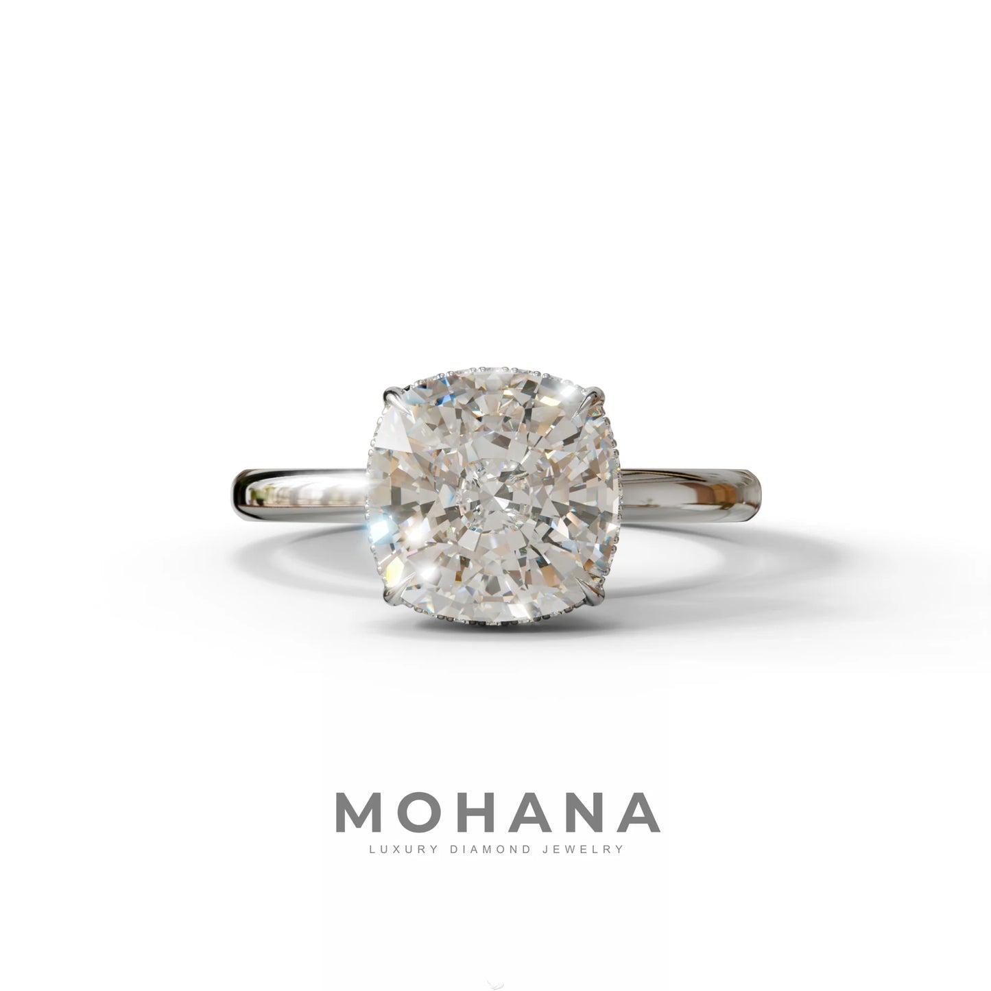 3 Carat E VVS Cushion Lab Diamond Hidden Halo Ring - 10K Solid Gold / White Gold