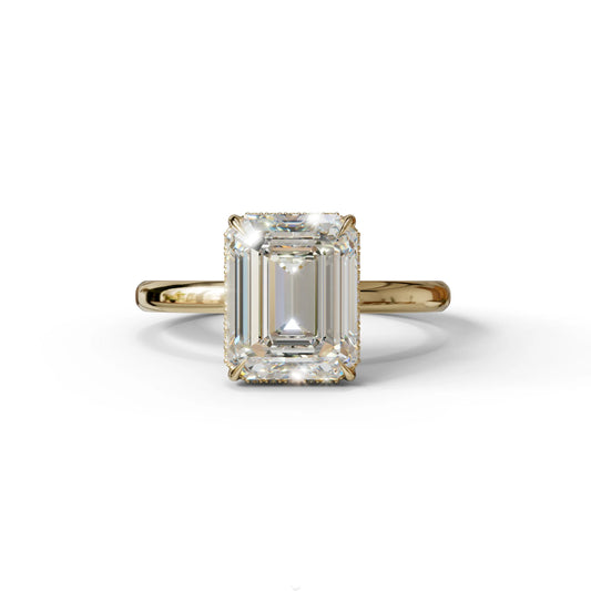 3 Carat E/VVS Emerald Cut Hidden Halo & Claw Setting Lab Grown Diamond Ring - 10K Solid Gold / Yellow Gold