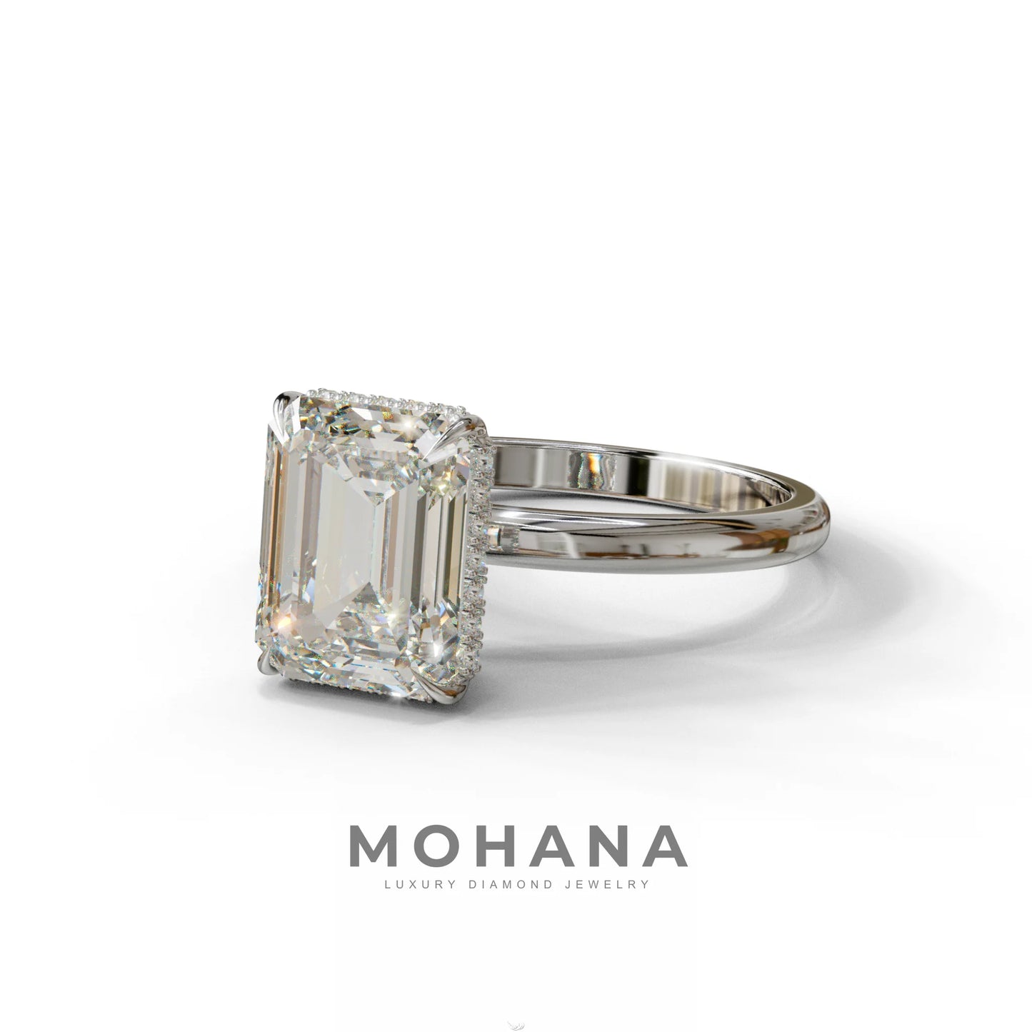 3 Carat E/VVS Emerald Cut Hidden Halo & Claw Setting Lab Grown Diamond Ring