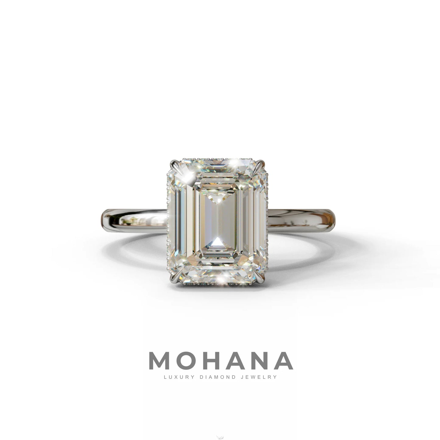 3 Carat E/VVS Emerald Cut Hidden Halo & Claw Setting Lab Grown Diamond Ring - 10K Solid Gold / White Gold