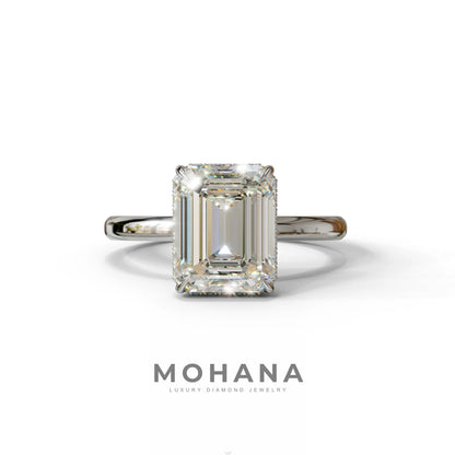 3 Carat E/VVS Emerald Cut Hidden Halo & Claw Setting Lab Grown Diamond Ring - 10K Solid Gold / White Gold