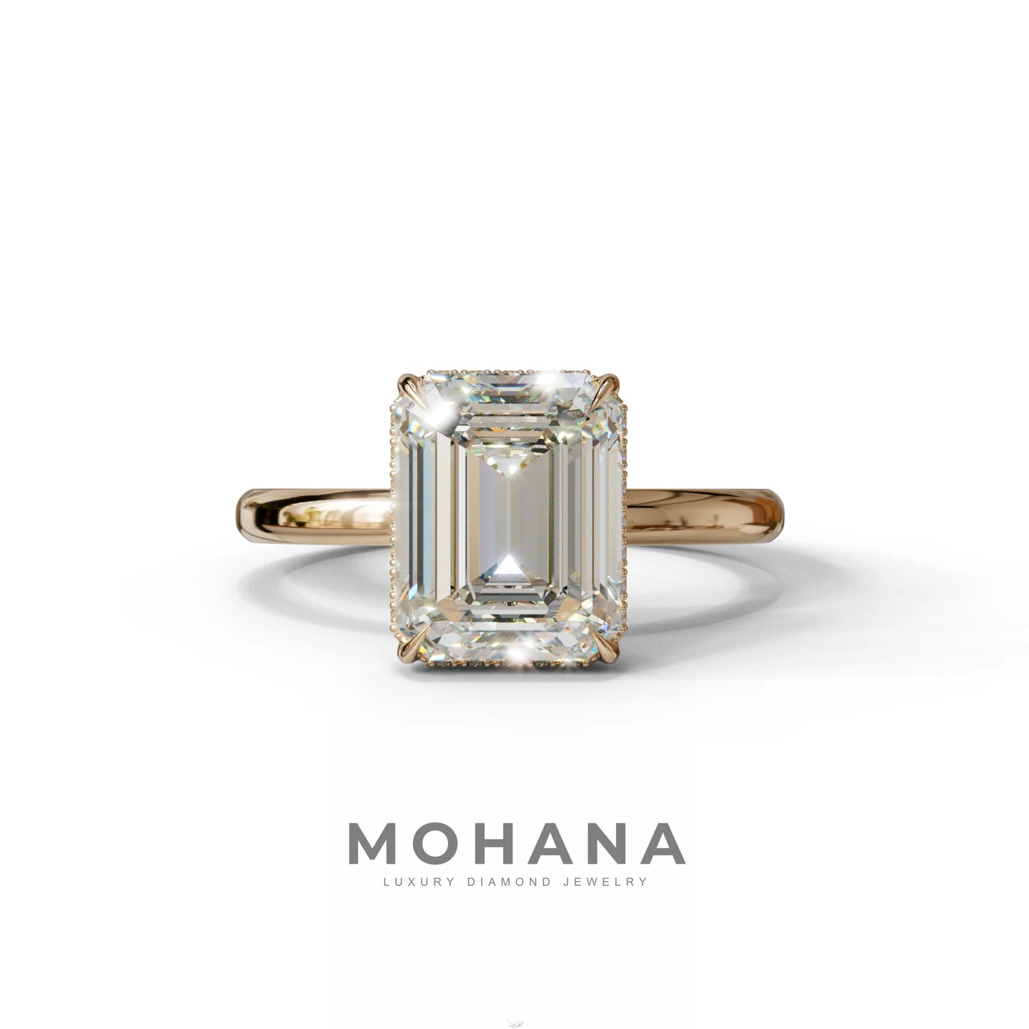 3 Carat E/VVS Emerald Cut Hidden Halo & Claw Setting Lab Grown Diamond Ring - 10K Solid Gold / Rose Gold