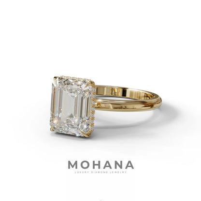 3 Carat E/VVS Emerald Cut Hidden Halo & Claw Setting Lab Grown Diamond Ring