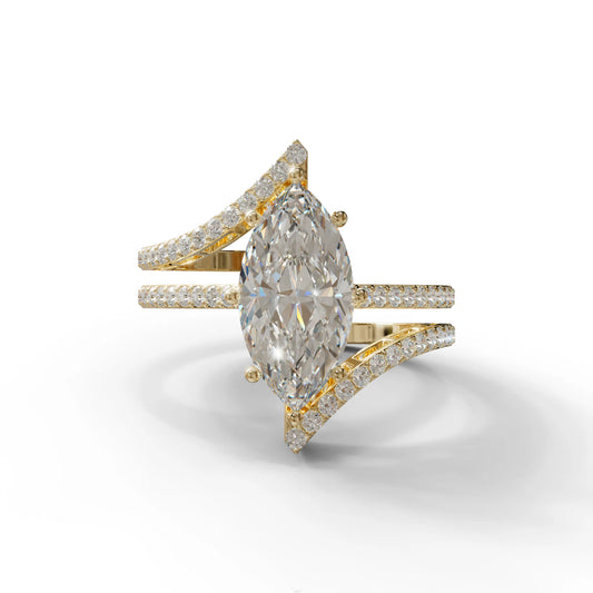 3 Carat Marquise Cut E VVS Lab Diamond Ring with Double Pave Setting - 10K Solid Gold / Yellow Gold