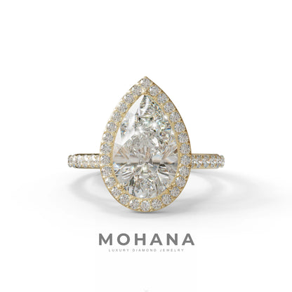 3 Carat E/VVS Pear Cut Halo & Pave Setting Lab Grown Diamond Setting Ring - 10K Solid Gold / Yellow Gold