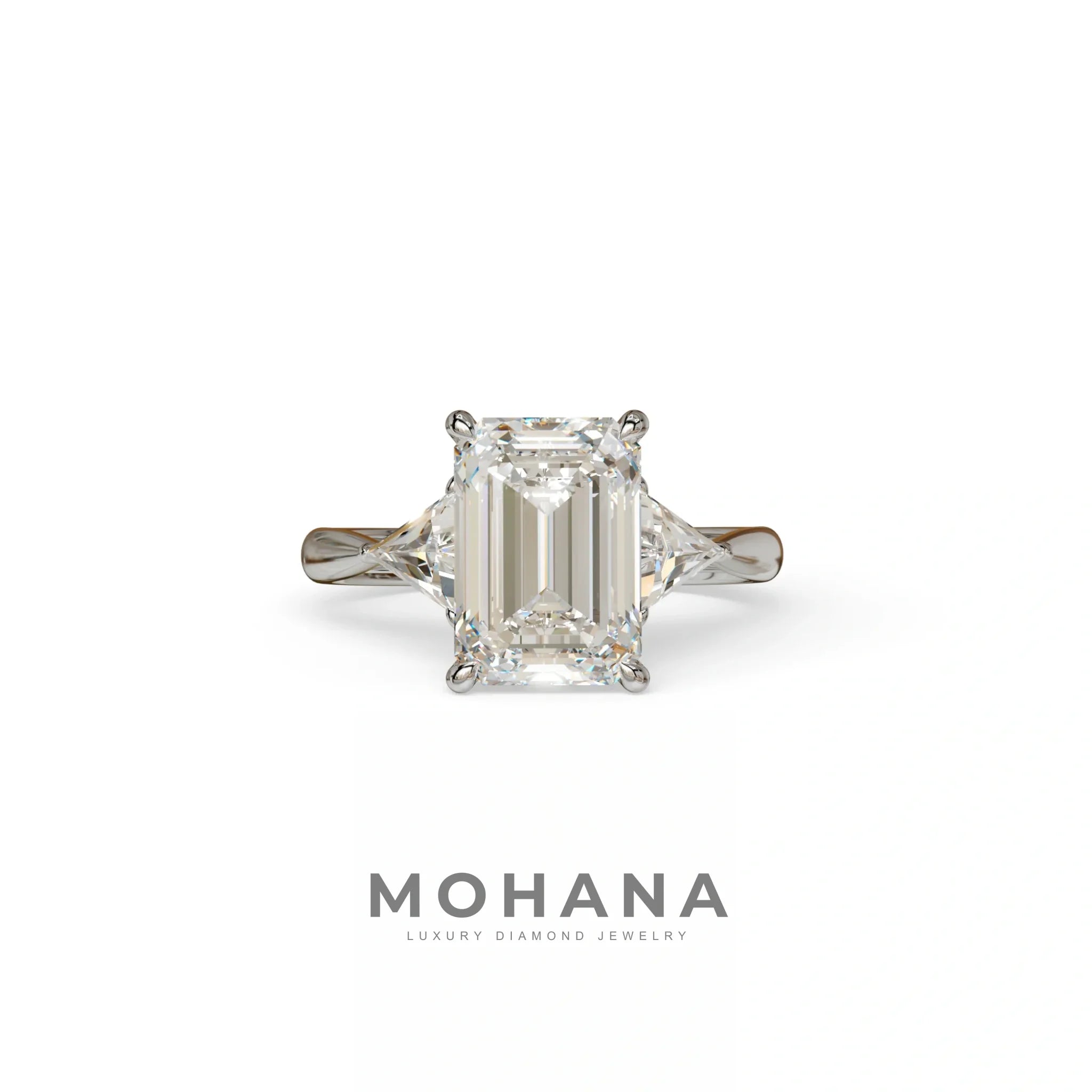 3Ct Emerald Cut Lab Grown Diamond Three stone Engagement Ring - Polaris - 10K Solid Gold / White Gold