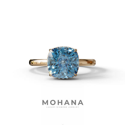 3 Carat Blue Cushion Lab Diamond Hidden Halo Ring - 10K Solid Gold / Rose Gold