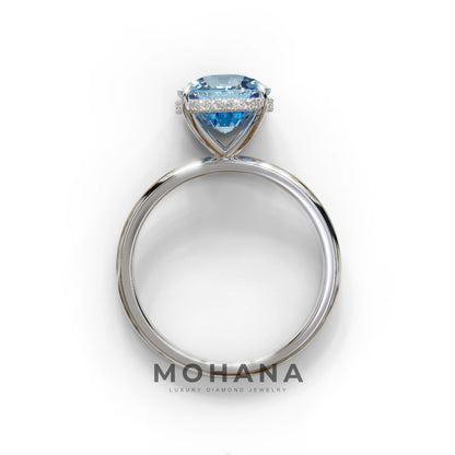 3 Carat Blue Cushion Lab Diamond Hidden Halo Ring