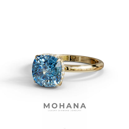 3 Carat Blue Cushion Lab Diamond Hidden Halo Ring