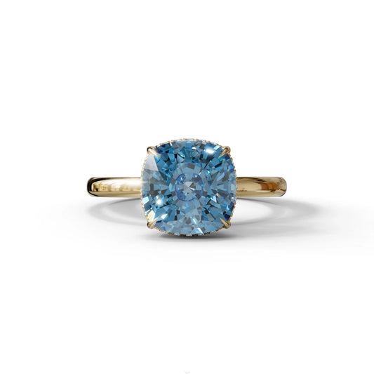 3 Carat Blue Cushion Lab Diamond Hidden Halo Ring - 10K Solid Gold / Yellow Gold