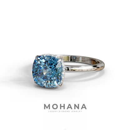 3 Carat Blue Cushion Lab Diamond Hidden Halo Ring
